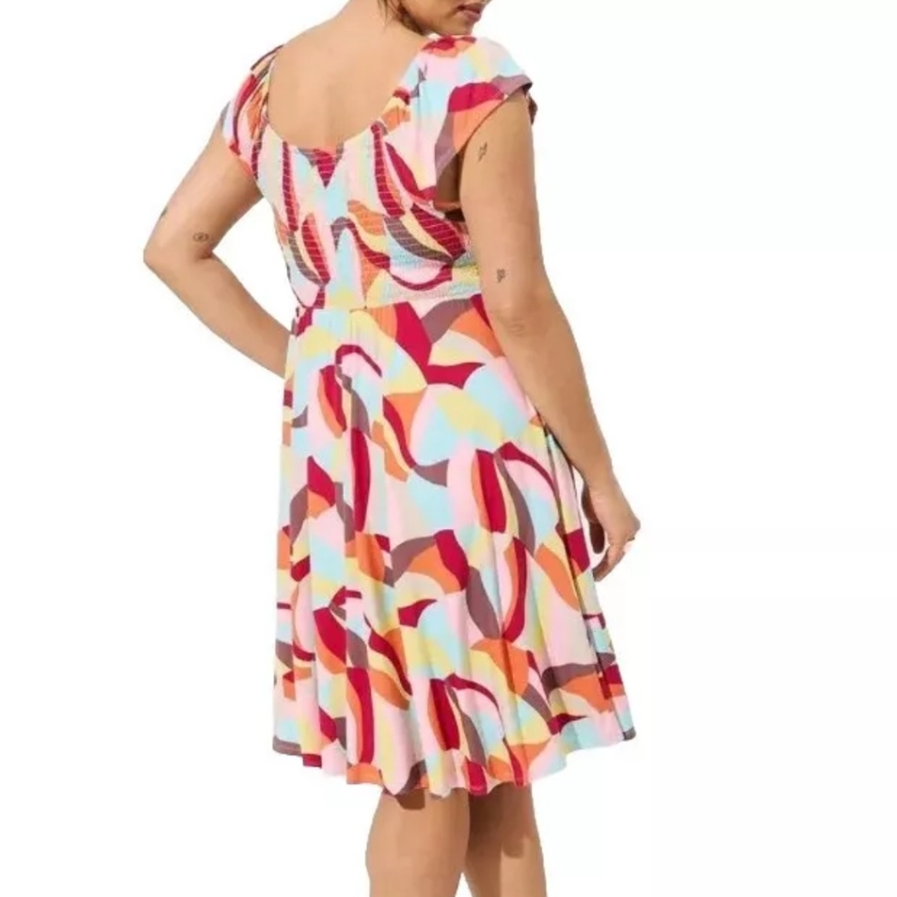 Torrid Off Shoulder Dress Woman Plus 3X Boho Mini Smocked Abstract Pockets